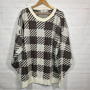 Vintage Ashley Hand Knit Cotton Sweater Mens 2XB White Geometric Made In USA